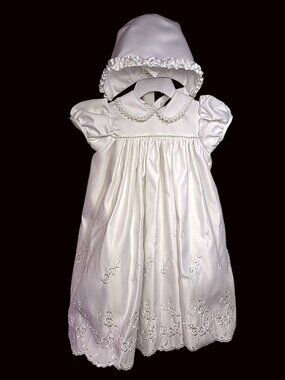 Baby Girl Christening Baptism Dress Bonnet Set Sz 6-9M White Satiny Embroidered